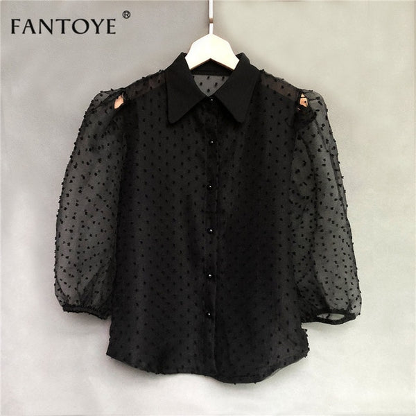 Fantoye 2019 Summer Women Chiffon Blouse Shirt Sexy Transparent Mesh Beading Puff Sleeve Female office Shirts Lady Blusa Outfits