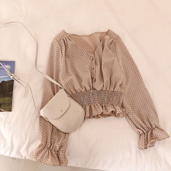 Vintage V-neck Flare Sleeve Polka Dot Women Blouse Shirts Elegant Front Buttons Slim Waist Ruffles Female Blouse blusas 2019