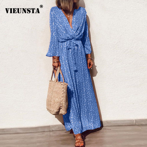 VIEUNSTA Women Casual V-neck Floral Print Long Dress Summer Autumn Long Sleeve Maxi Boho Dress Elegant Sashes Party Dress S-5XL