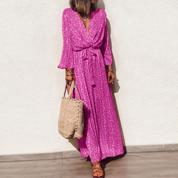 VIEUNSTA Women Casual V-neck Floral Print Long Dress Summer Autumn Long Sleeve Maxi Boho Dress Elegant Sashes Party Dress S-5XL