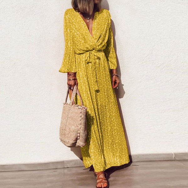 VIEUNSTA Women Casual V-neck Floral Print Long Dress Summer Autumn Long Sleeve Maxi Boho Dress Elegant Sashes Party Dress S-5XL