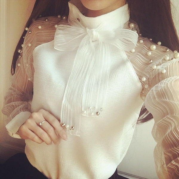 2019 New spring elegant organza bow of Pearl White blouse casual chiffon shirt women blouses tops blusas femininas 607I 25