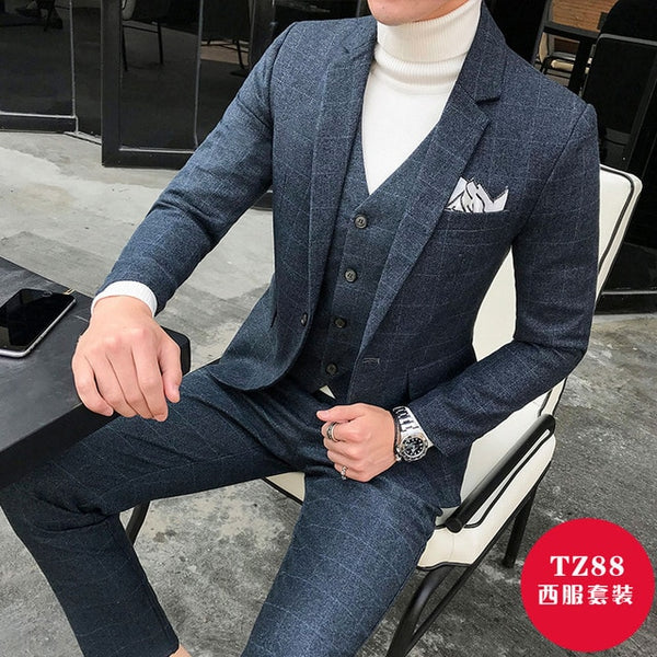 new fashion Plaid mens suits business casual groom wedding dress suits high quality male three-pieces set terno plus suze 5XL