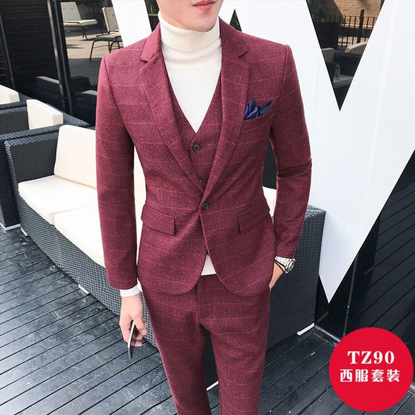 new fashion Plaid mens suits business casual groom wedding dress suits high quality male three-pieces set terno plus suze 5XL