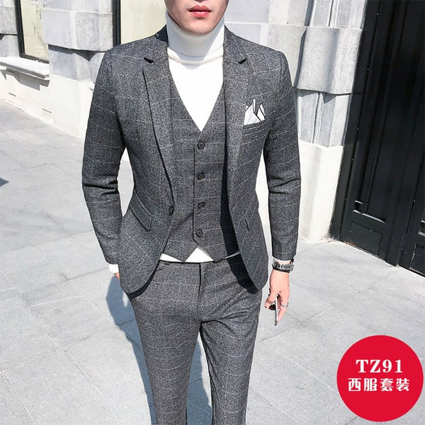 new fashion Plaid mens suits business casual groom wedding dress suits high quality male three-pieces set terno plus suze 5XL