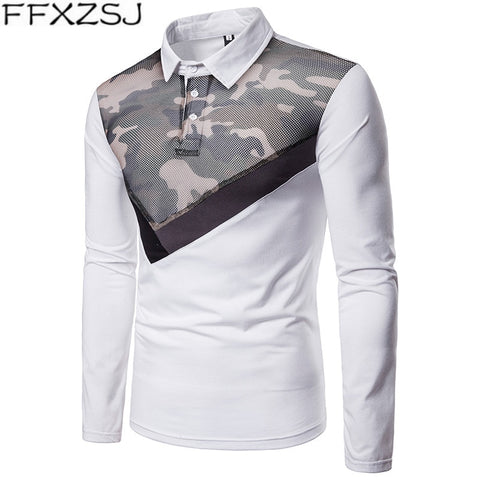 FFXZSJBrand Mens autumn winter mesh gauze camouflage stitching fashion design lapel long sleeve polo shirt male clothing 2colour