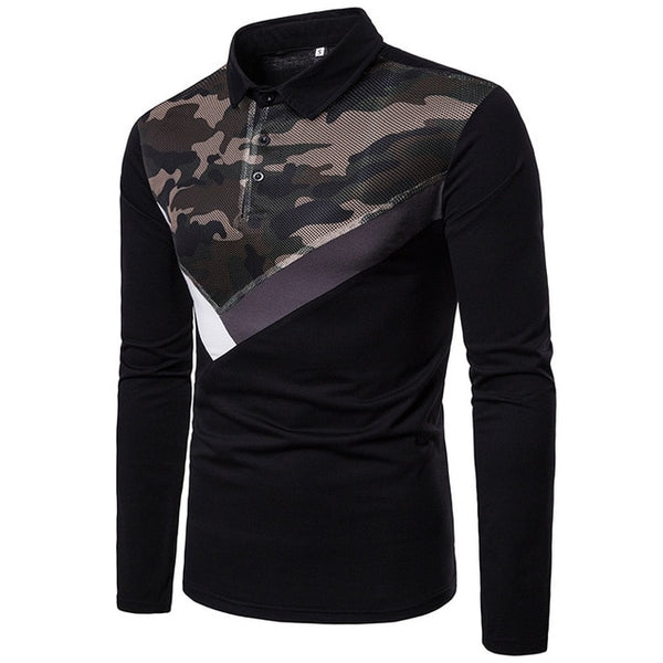 FFXZSJBrand Mens autumn winter mesh gauze camouflage stitching fashion design lapel long sleeve polo shirt male clothing 2colour