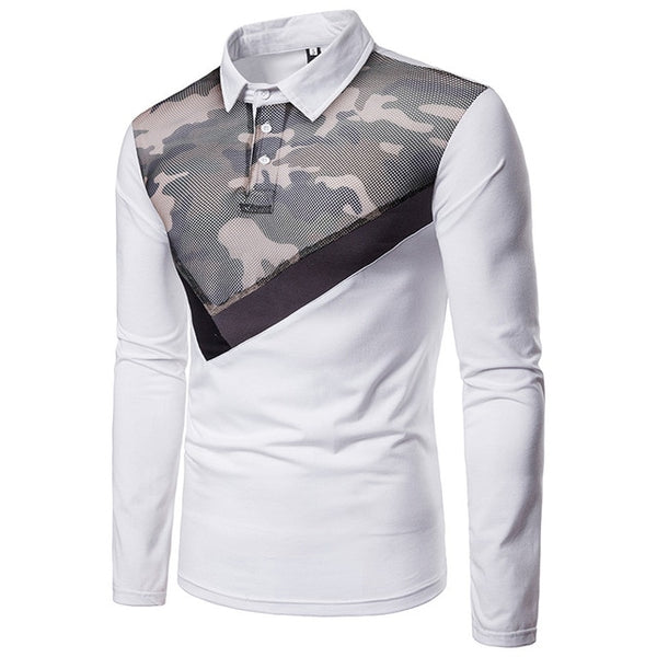 FFXZSJBrand Mens autumn winter mesh gauze camouflage stitching fashion design lapel long sleeve polo shirt male clothing 2colour