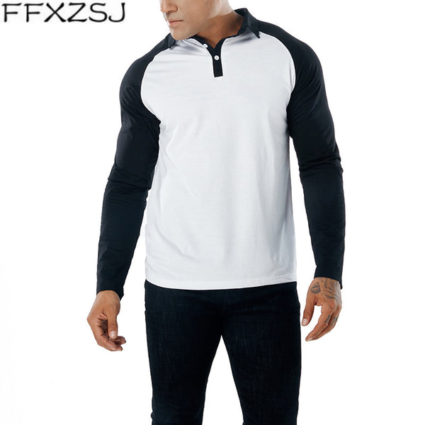 Autumn Men's Clothing Stitching Long Sleeve Polo Shirt Men Casual  Contrast Color Lapel top Hot Selling Raglan Sleeve POLO Shirt