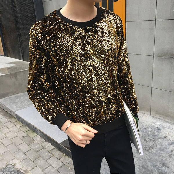 2018 new Gold Youth Hip-hop Paillette t shirt men Sequin embroidery t-shirt summer top Costume party dress Free shipping