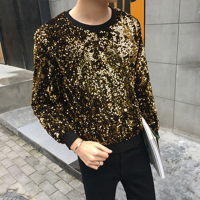 2018 new Gold Youth Hip-hop Paillette t shirt men Sequin embroidery t-shirt summer top Costume party dress Free shipping