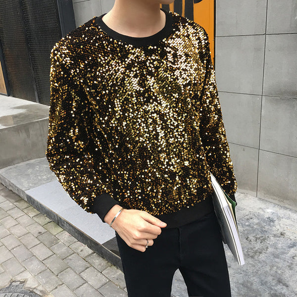 2018 new Gold Youth Hip-hop Paillette t shirt men Sequin embroidery t-shirt summer top Costume party dress Free shipping