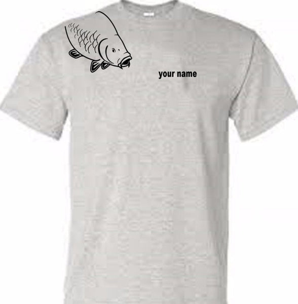 fishing t shirt carp on shoulder personalised with your name