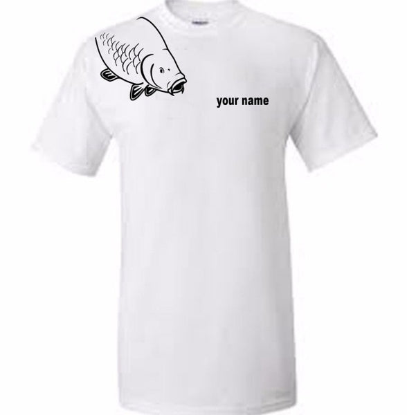 fishing t shirt carp on shoulder personalised with your name