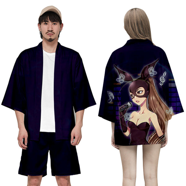 Ariana Grande kimono cardigan 3D print Basic casual Zephyr Personality 2 Pic Set Street Summer T-shirt+Short Pants Sets Sports