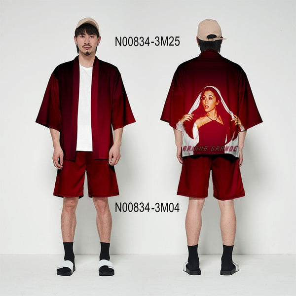 Ariana Grande kimono cardigan 3D print Basic casual Zephyr Personality 2 Pic Set Street Summer T-shirt+Short Pants Sets Sports