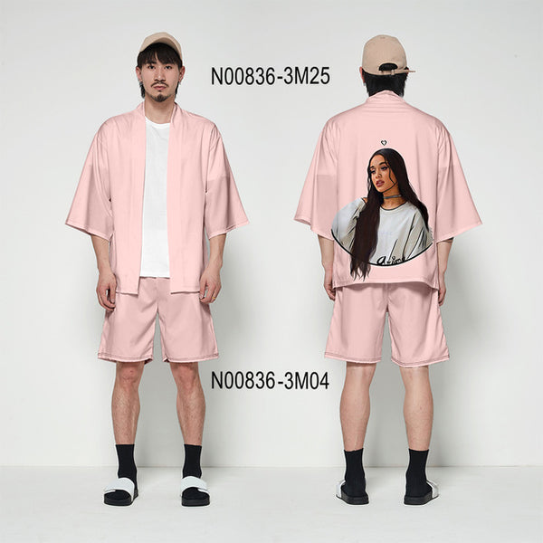 Ariana Grande kimono cardigan 3D print Basic casual Zephyr Personality 2 Pic Set Street Summer T-shirt+Short Pants Sets Sports
