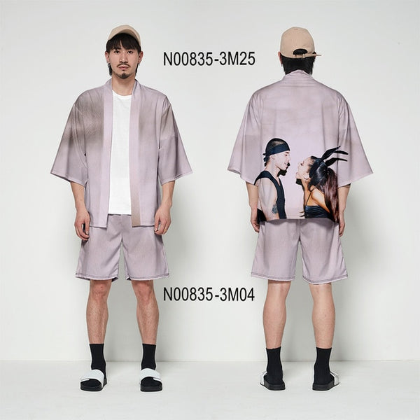 Ariana Grande kimono cardigan 3D print Basic casual Zephyr Personality 2 Pic Set Street Summer T-shirt+Short Pants Sets Sports