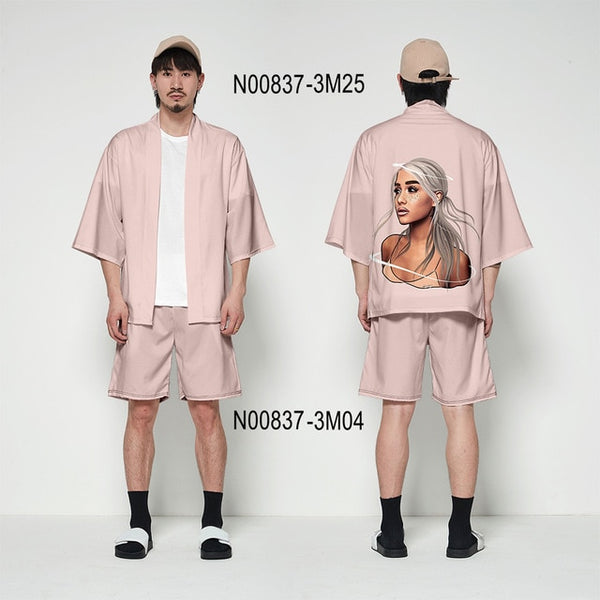 Ariana Grande kimono cardigan 3D print Basic casual Zephyr Personality 2 Pic Set Street Summer T-shirt+Short Pants Sets Sports