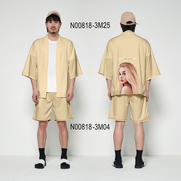 Ariana Grande kimono cardigan 3D print Basic casual Zephyr Personality 2 Pic Set Street Summer T-shirt+Short Pants Sets Sports