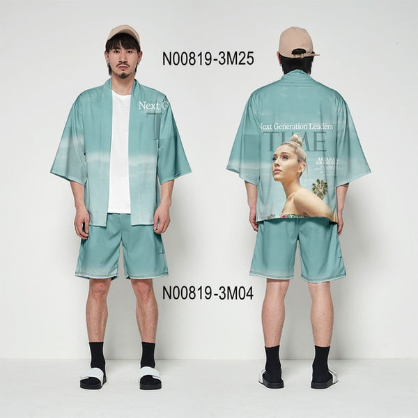 Ariana Grande kimono cardigan 3D print Basic casual Zephyr Personality 2 Pic Set Street Summer T-shirt+Short Pants Sets Sports