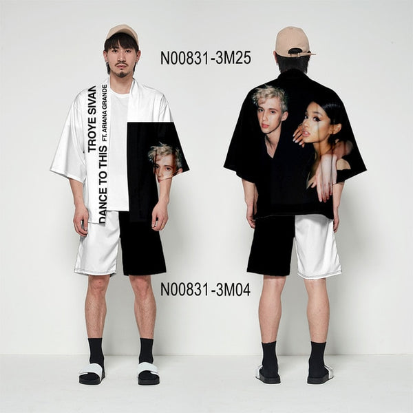 Ariana Grande kimono cardigan 3D print Basic casual Zephyr Personality 2 Pic Set Street Summer T-shirt+Short Pants Sets Sports