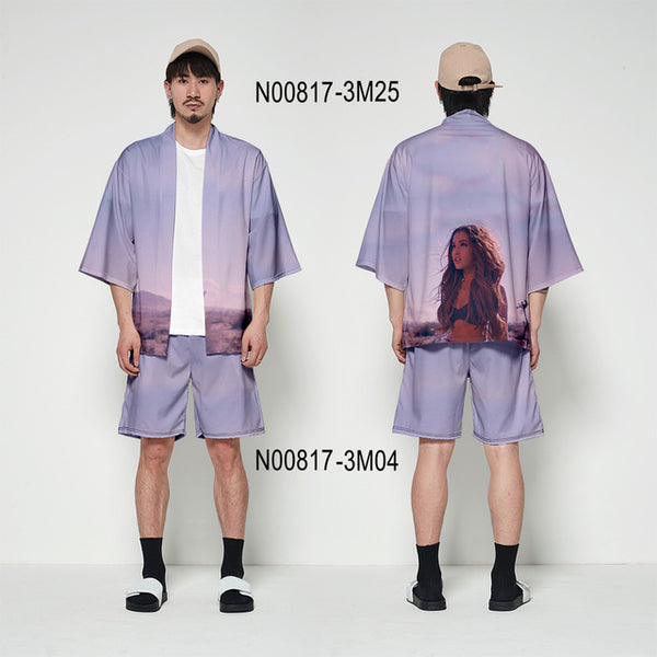 Ariana Grande kimono cardigan 3D print Basic casual Zephyr Personality 2 Pic Set Street Summer T-shirt+Short Pants Sets Sports
