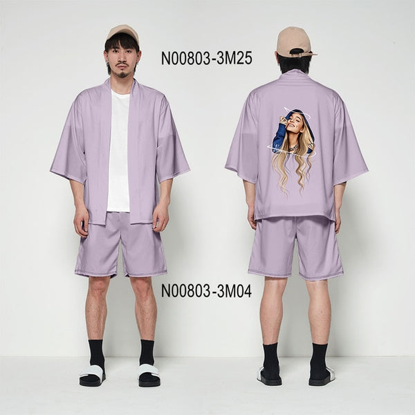 Ariana Grande kimono cardigan 3D print Basic casual Zephyr Personality 2 Pic Set Street Summer T-shirt+Short Pants Sets Sports