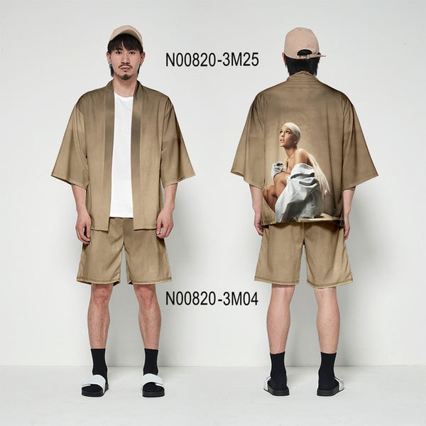 Ariana Grande kimono cardigan 3D print Basic casual Zephyr Personality 2 Pic Set Street Summer T-shirt+Short Pants Sets Sports