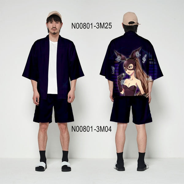 Ariana Grande kimono cardigan 3D print Basic casual Zephyr Personality 2 Pic Set Street Summer T-shirt+Short Pants Sets Sports