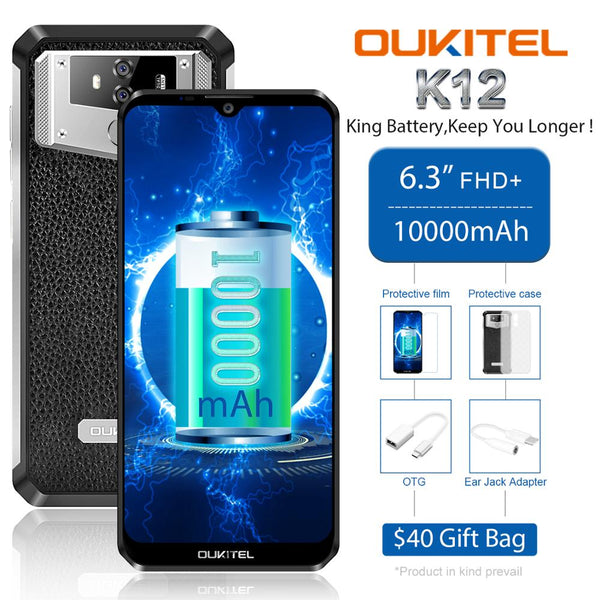 OUKITEL K12 6G RAM 64G ROM Android 9.0 Mobile Phone 6.3" 19.5:9 MTK6765 10000mAh 5V/6A Quick Charge Fingerprint Smartphone