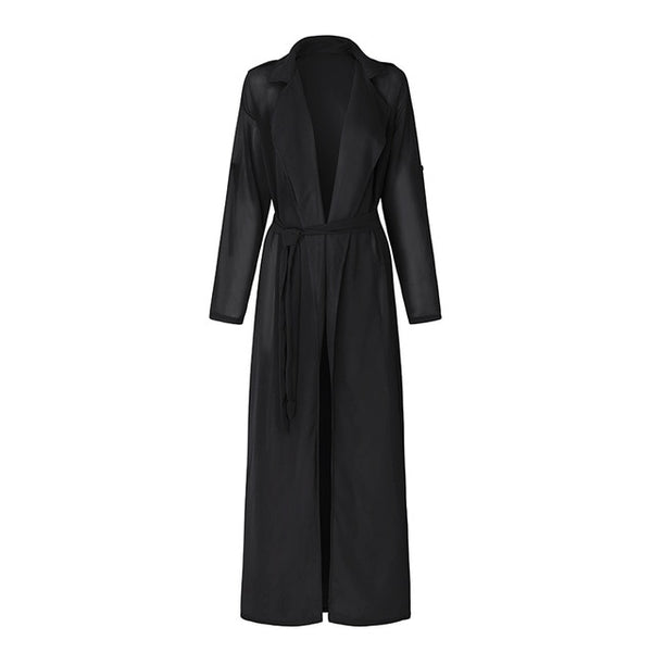 Summer Women Chiffon Cardigan Long Sleeve Sexy See-Through Ladies Lapel Long Jacket Blouse Shirt Beach Cover Up Femme Outerwear