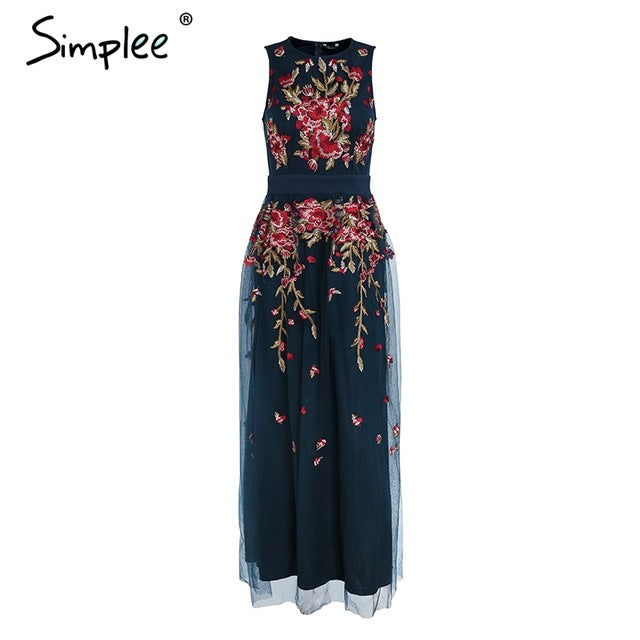 Simplee Elegant mesh overlay party dress women Stretch sleeveless vest long dress summer 2018 Embroidery black dress robe femme