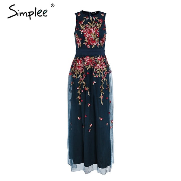 Simplee Elegant mesh overlay party dress women Stretch sleeveless vest long dress summer 2018 Embroidery black dress robe femme