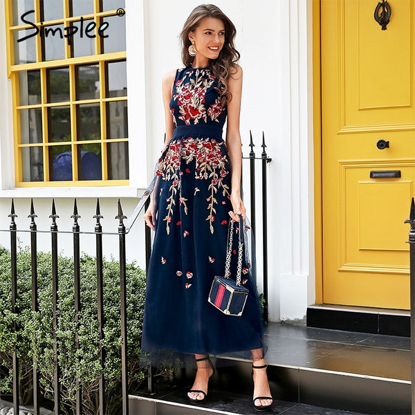 Simplee Elegant mesh overlay party dress women Stretch sleeveless vest long dress summer 2018 Embroidery black dress robe femme