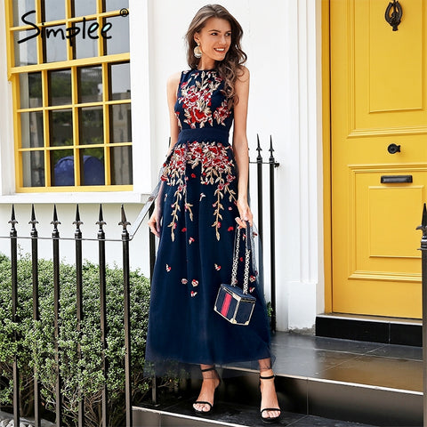 Simplee Elegant mesh overlay party dress women Stretch sleeveless vest long dress summer 2018 Embroidery black dress robe femme