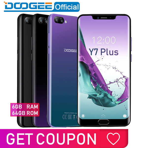 DOOGEE Y7 Plus CellPhone 6.18inch 1080*2246 Screen MTK6757 Octa-Core 2.5GHz 6GB RAM 64GB ROM 16.0MP+13.0MP 5080mAh Android 8.0