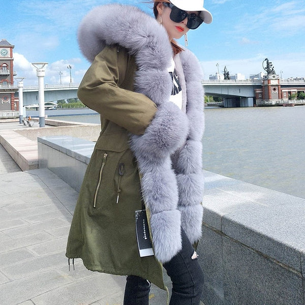 Maomaokong2018 winter warm women's clothing Slim fox fur collar Medium and long section Detachable thick liner Coat winter coat