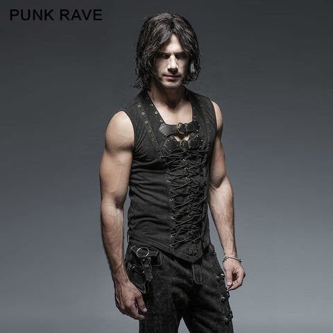 PUNK RAVE Mens Vest Black Steampunk Street T-shirt Summer Casual Fashion Gothic Sleeveless Hip Hop Tops Shirt Streetwear Shirt