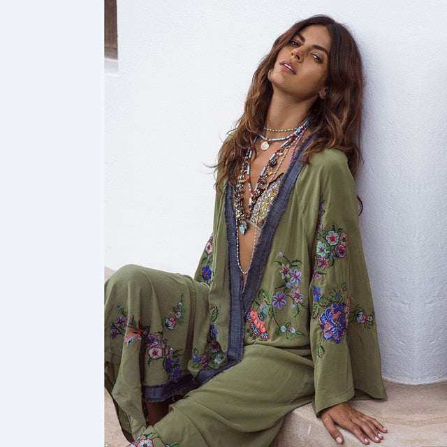 Boho Inspirado bordado kimono kaftan frente aberta cintura top praia contraste camisa longa blusa dress summer beach dress