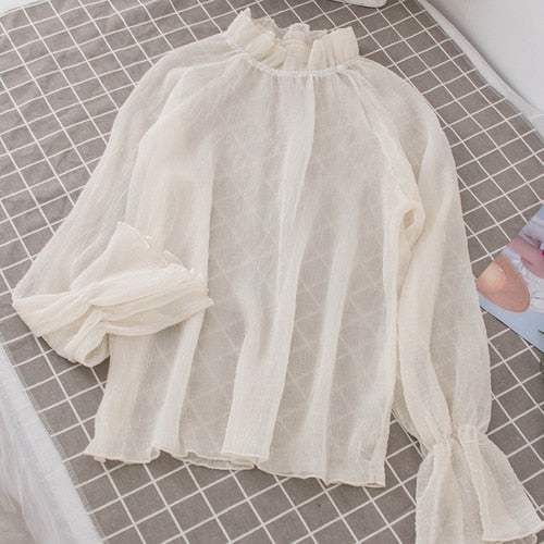 Shirts Women Chiffon Solid Kawaii Turtleneck Flare Sleeve Shirt Trendy Womens All-match Korean Style Elegant Chic Blouses Cute