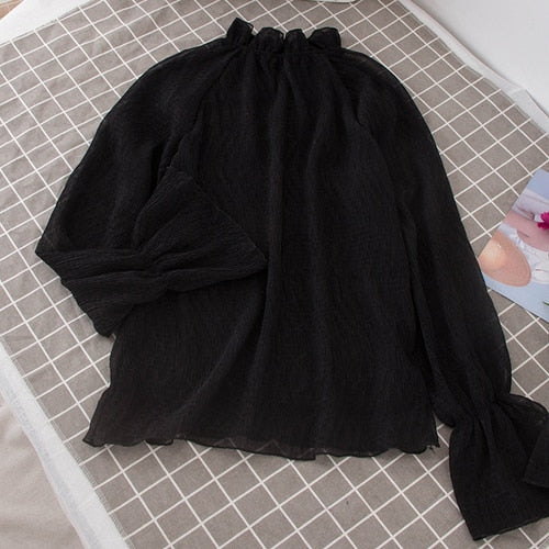 Shirts Women Chiffon Solid Kawaii Turtleneck Flare Sleeve Shirt Trendy Womens All-match Korean Style Elegant Chic Blouses Cute