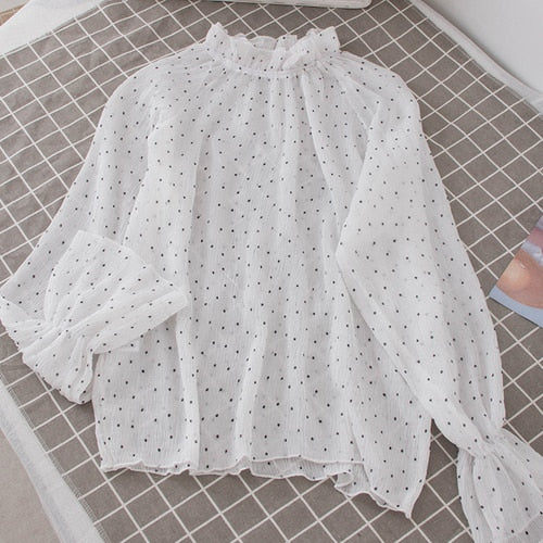 Shirts Women Chiffon Solid Kawaii Turtleneck Flare Sleeve Shirt Trendy Womens All-match Korean Style Elegant Chic Blouses Cute