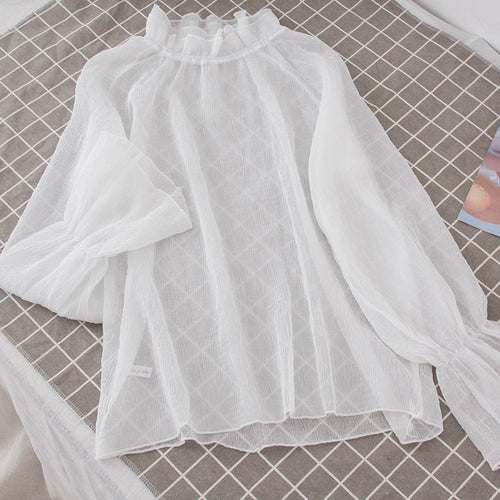 Shirts Women Chiffon Solid Kawaii Turtleneck Flare Sleeve Shirt Trendy Womens All-match Korean Style Elegant Chic Blouses Cute