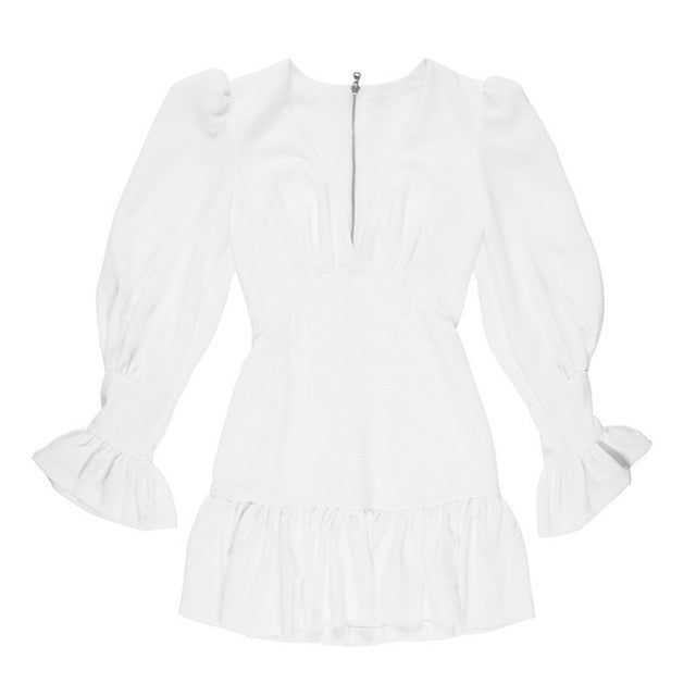 TWOTWINSTYLE Elegant Slim Women Dress V Neck Lantern Sleeve High Waist Ruffles Mini Dresses Female Casual Spring 2019 New