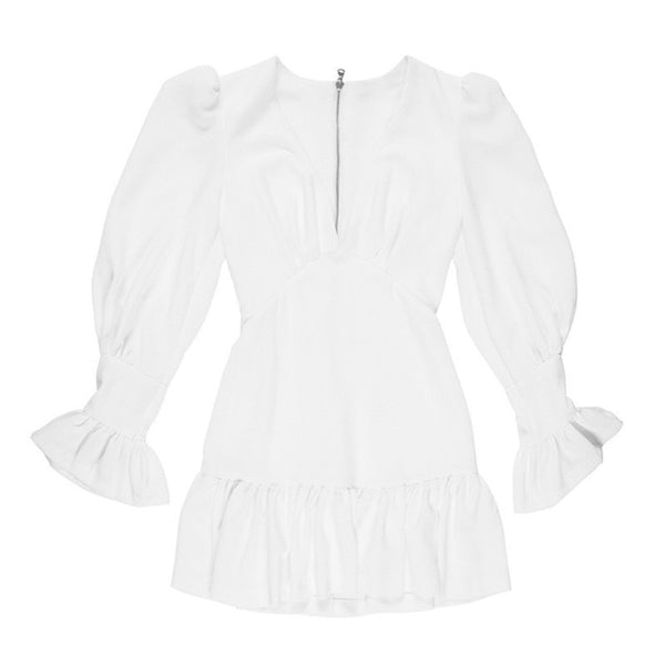 TWOTWINSTYLE Elegant Slim Women Dress V Neck Lantern Sleeve High Waist Ruffles Mini Dresses Female Casual Spring 2019 New