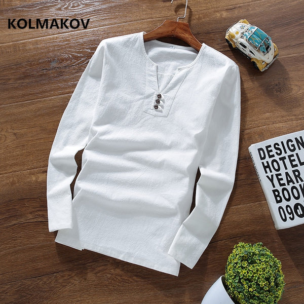 2019 spring new style Long sleeves mens T-shirt Cotton and linen t shirts men's High quality of casual fashion T-shirts men