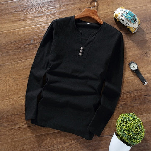 2019 spring new style Long sleeves mens T-shirt Cotton and linen t shirts men's High quality of casual fashion T-shirts men