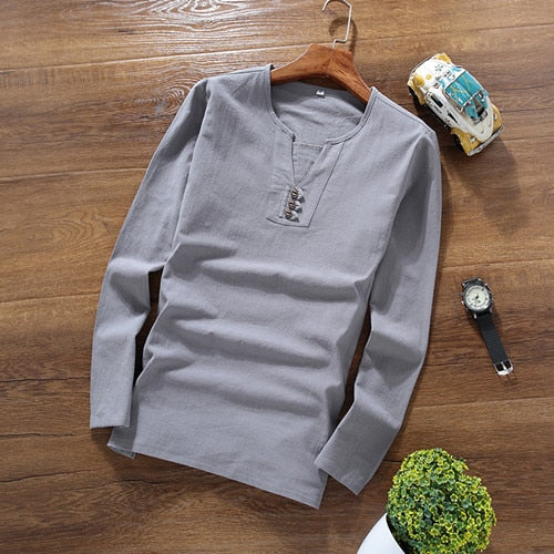 2019 spring new style Long sleeves mens T-shirt Cotton and linen t shirts men's High quality of casual fashion T-shirts men
