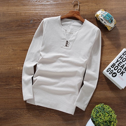 2019 spring new style Long sleeves mens T-shirt Cotton and linen t shirts men's High quality of casual fashion T-shirts men